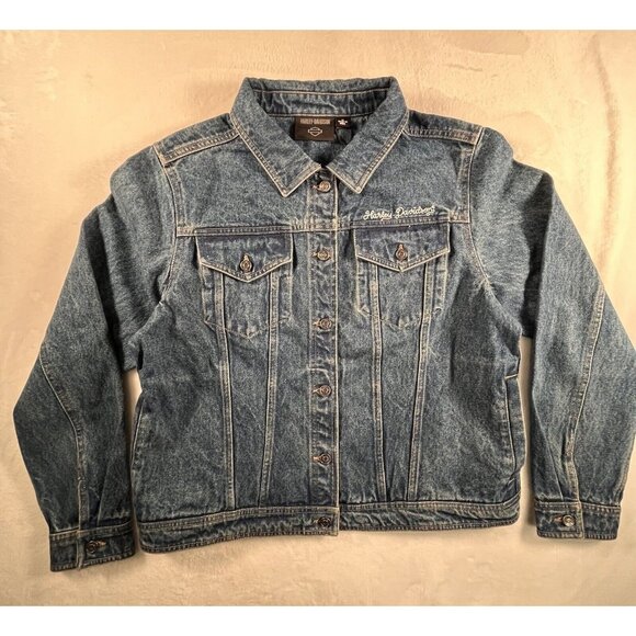NWT Harley Davidson Womens XL Blue Denim Trucker Jacket Embroidered Logo - Picture 1 of 14